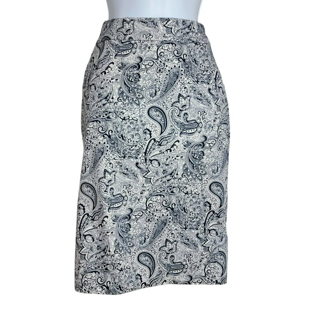 Mikarose Pencil Skirt, Women XS, Blue & White Paisley Print, Pockets, EUC